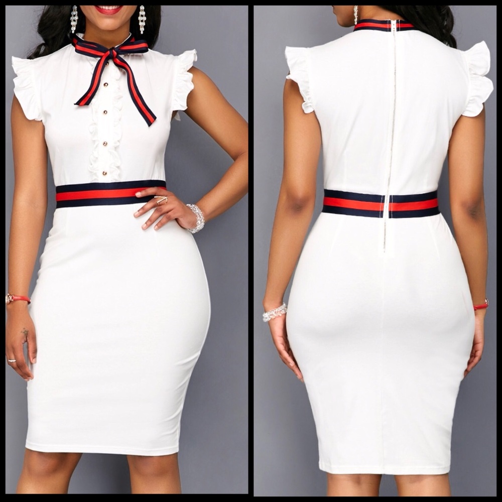 Off White bodycon dress with red/navy strip accent